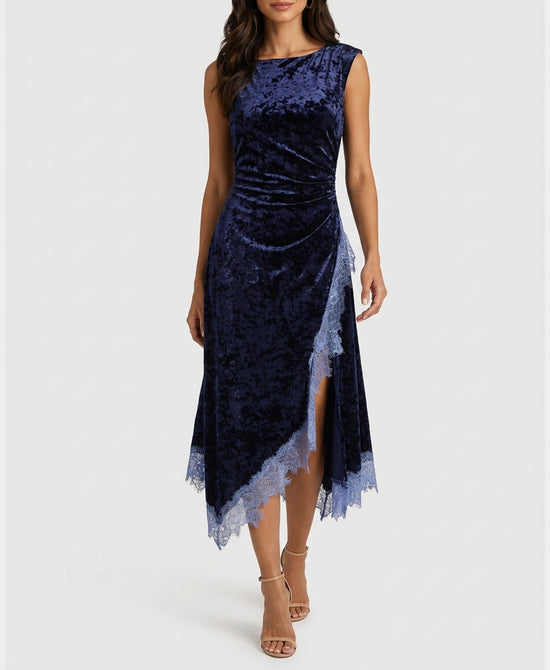 
Velvet & Lace Trim Midi Dress in NAVY view 1
