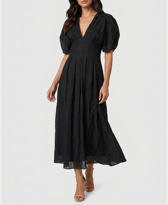 
Puff Sleeve Midi Dress in BLACK view 1