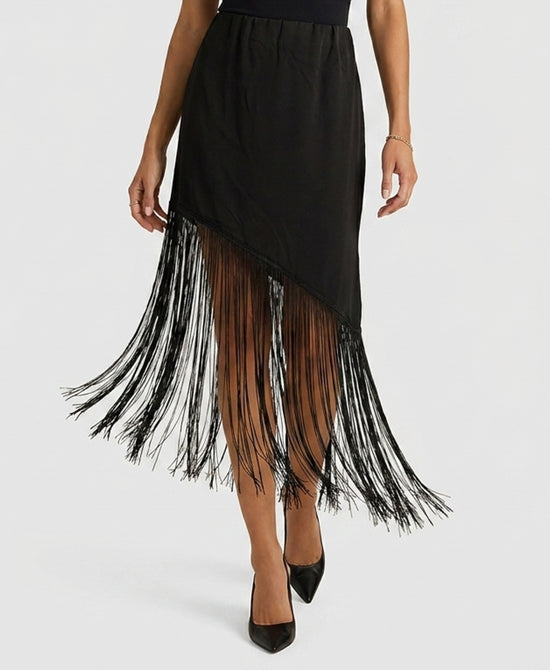 
Asymmetrical Fringe Satin Skirt in BLACK view 1
