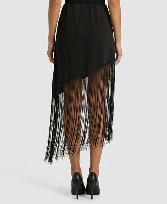 
Asymmetrical Fringe Satin Skirt in BLACK view 2