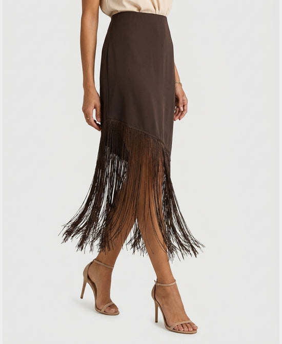 
Asymmetrical Fringe Satin Skirt in BROWN view 1