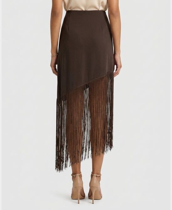 
Asymmetrical Fringe Satin Skirt in BROWN view 2