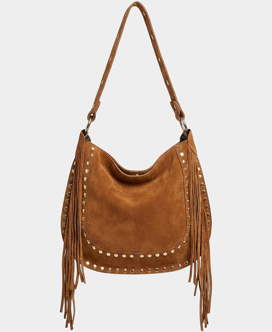 
Suede Studded Fringe Shoulder Bag in TAN view 1