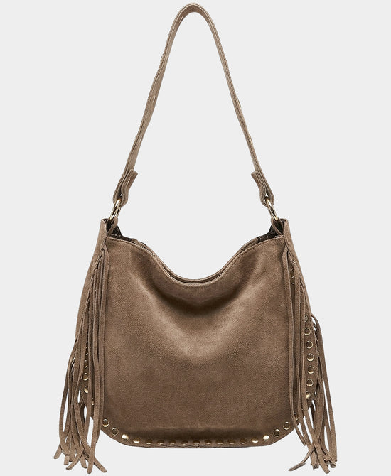 
Suede Studded Fringe Shoulder Bag in TAUPE view 2