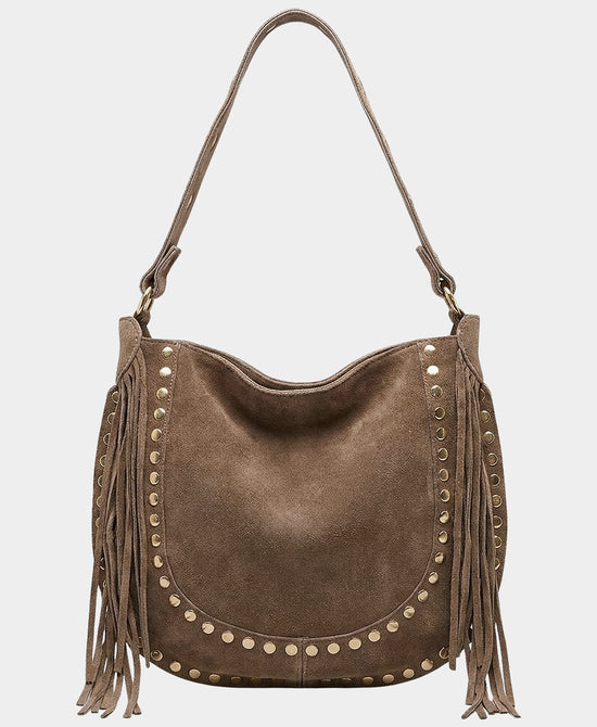 
Suede Studded Fringe Shoulder Bag in TAUPE view 1