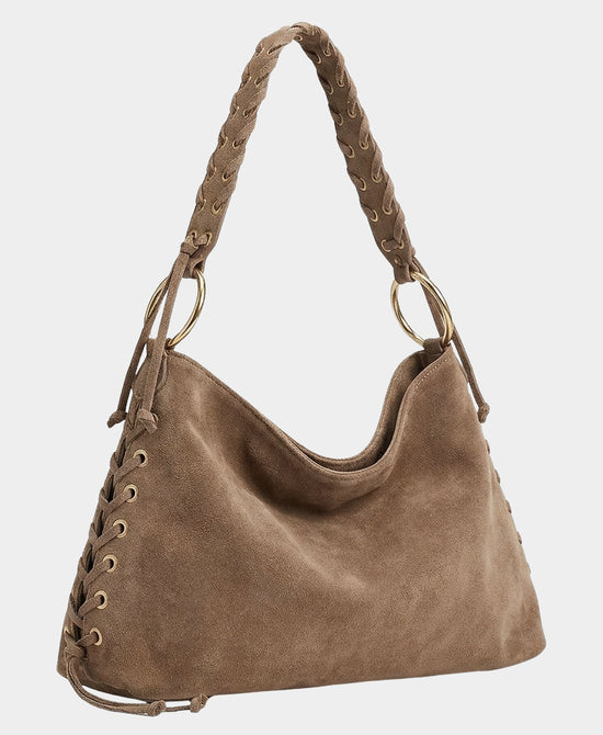 
Suede Whipstitch Shoulder Bag w/ Grommet Detail in TAUPE view 2