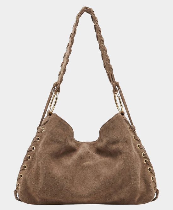 
Suede Whipstitch Shoulder Bag w/ Grommet Detail in TAUPE view 1