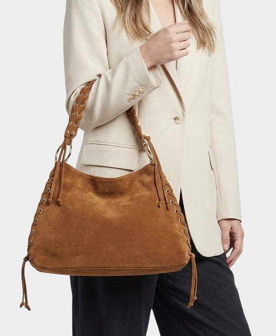 
Suede Whipstitch Shoulder Bag w/ Grommet Detail in CAMEL view 1