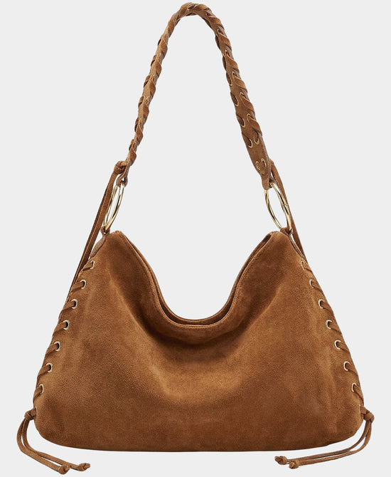 
Suede Whipstitch Shoulder Bag w/ Grommet Detail in CAMEL view 2