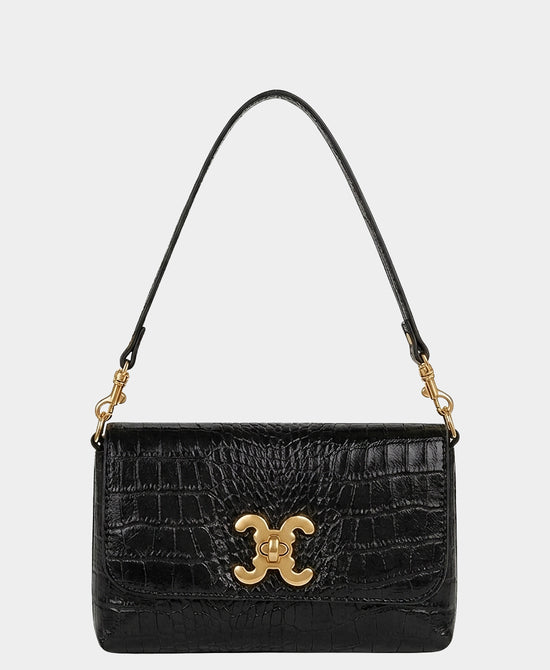 
Small Leather Croc Print Shoulder Bag in BLACK view 1