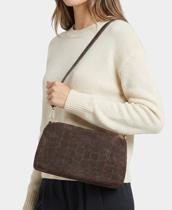 
Suede Croc Print Shoulder Bag in BROWN view 1