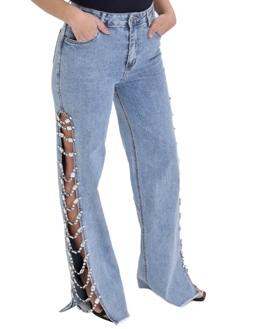 Jeans w/ Split Side Rhinestones view 1