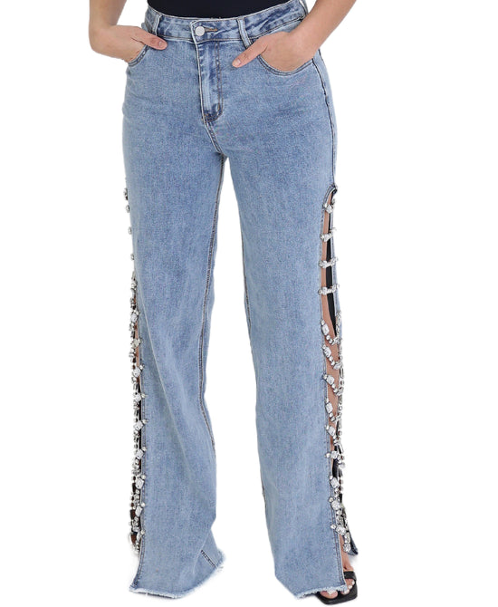 Jeans w/ Split Side Rhinestones view 2
