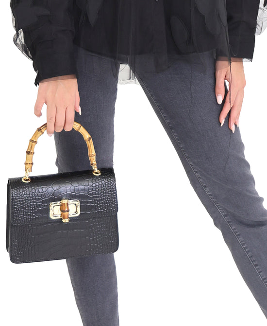 Crocodile Embossed Leather Handbag view 