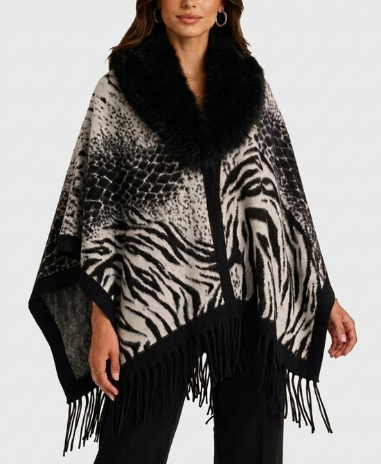 
Wool Cape w/ Faux Fur Trim & Fringe in BLACK MULTI view 1