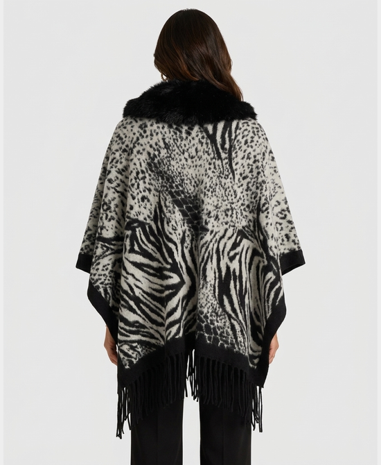 
Wool Cape w/ Faux Fur Trim & Fringe in BLACK MULTI view 2