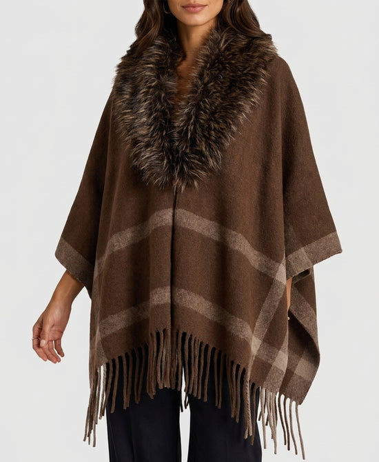 
Wool Cape w/ Faux Fur Trim & Fringe in BROWN view 1