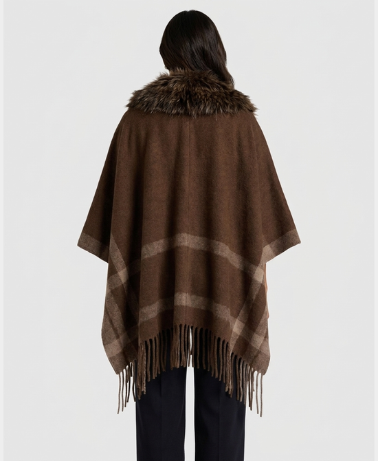 
Wool Cape w/ Faux Fur Trim & Fringe in BROWN view 2
