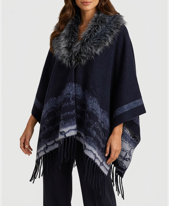 
Wool Cape w/ Faux Fur Trim & Fringe in NAVY view 1