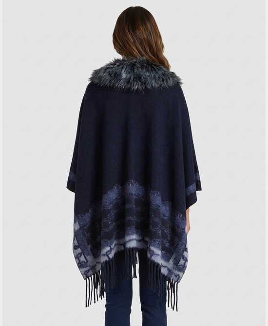 
Wool Cape w/ Faux Fur Trim & Fringe in NAVY view 2