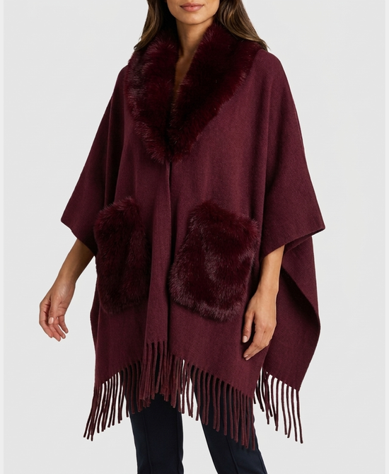 
Wool Cape w/ Faux Fur Trim & Fringe in WINE view 1