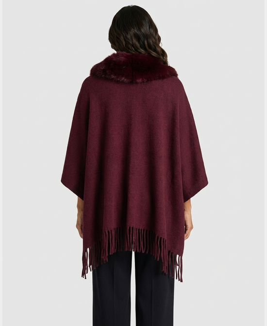
Wool Cape w/ Faux Fur Trim & Fringe in WINE view 2