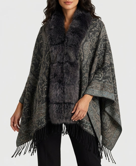 
Paisley Print Cashmere Blend Cape w/ Faux Fur Trim in GREY MULTI view 1