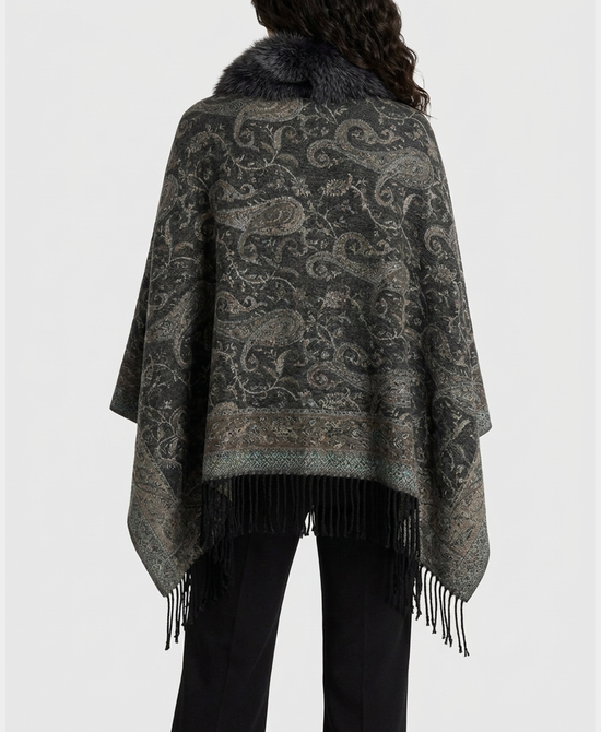 
Paisley Print Cashmere Blend Cape w/ Faux Fur Trim in GREY MULTI view 2