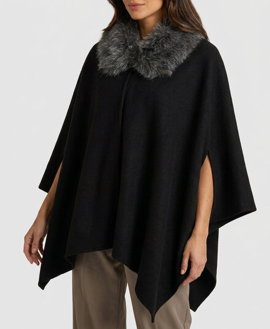 
Reversible Wool Cape w/ Faux Fur Trim Hood in BLACK view 1