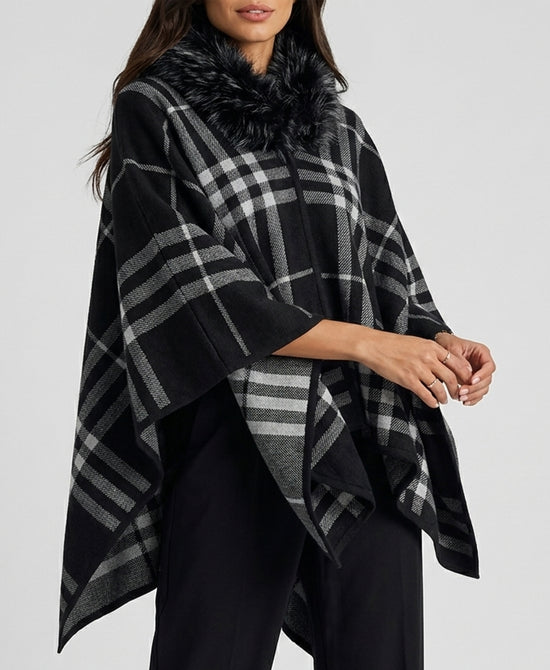 
Reversible Wool Cape w/ Faux Fur Trim Hood in BLACK view 2