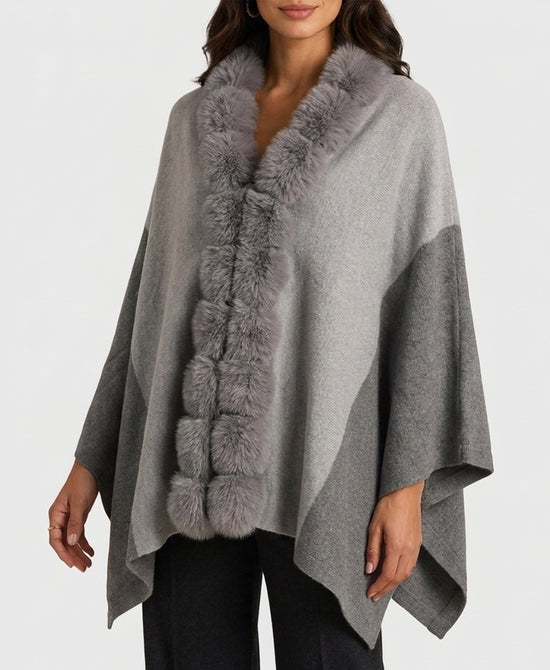 
Two Tone Cashmere Blend Cape w/ Faux Fur Trim in GREY view 1