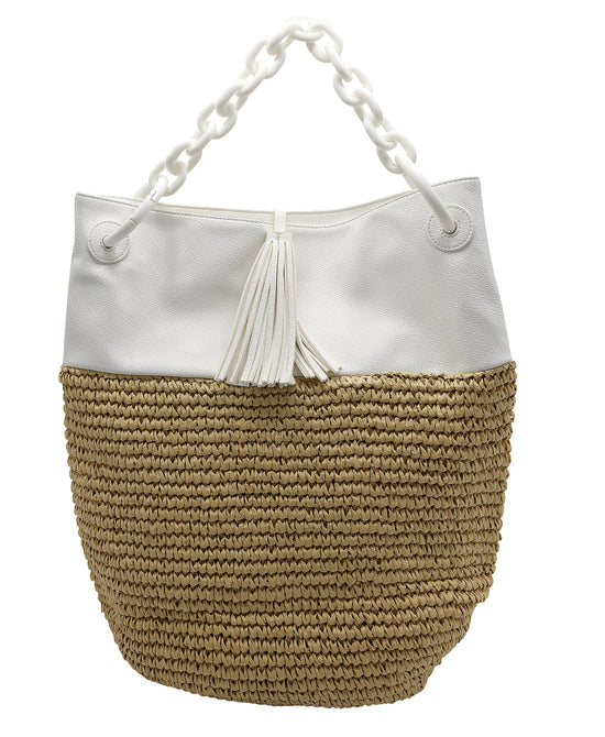 Faux Leather & Straw Handbag w/ Tassel view 