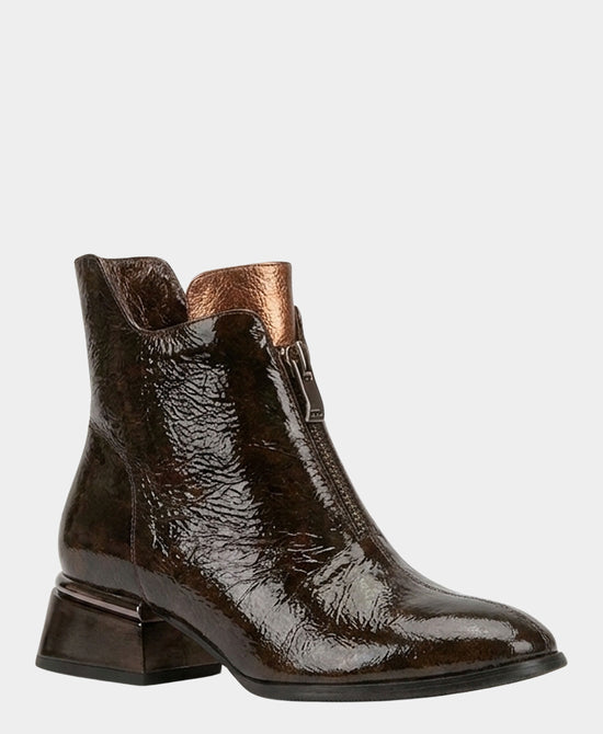 
Patent Leather Front Zip Bootie in BROWN/COPPER view 1