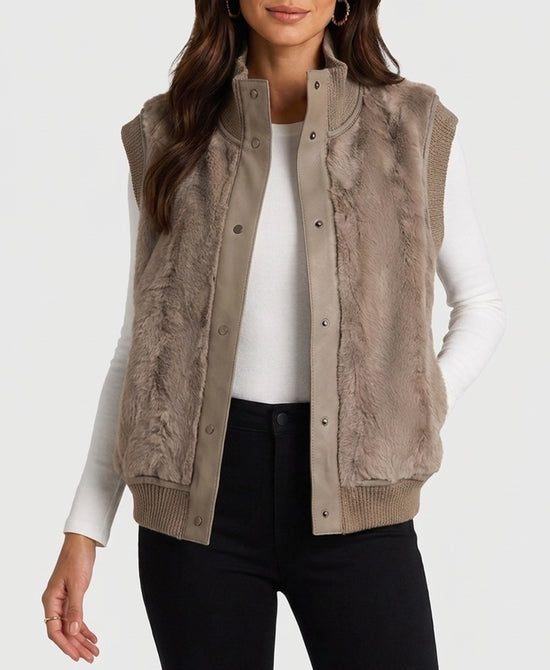 
Reversible Faux Fur Vest w/ Knit Trim in TAUPE view 2