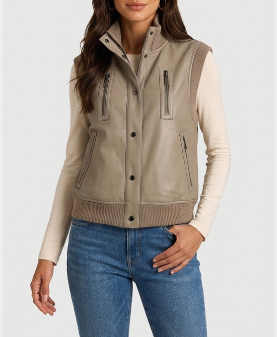 
Reversible Faux Fur Vest w/ Knit Trim in TAUPE view 1