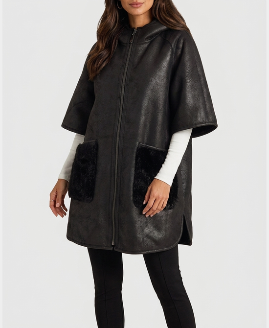
Reversible Faux Fur Cape w/ Hood in BLACK view 2