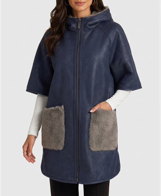
Reversible Faux Fur Cape w/ Hood in GREY/NAVY view 2