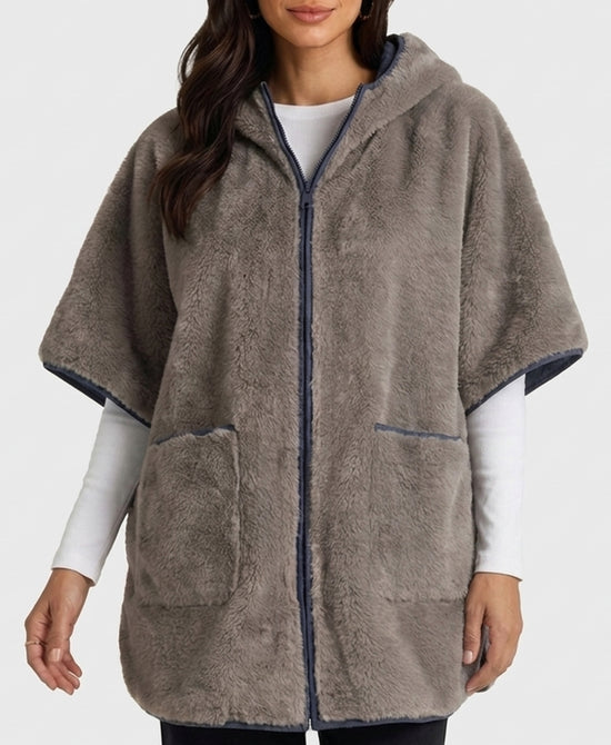 
Reversible Faux Fur Cape w/ Hood in GREY/NAVY view 1