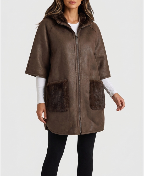 
Reversible Faux Fur Cape w/ Hood in BROWN view 2