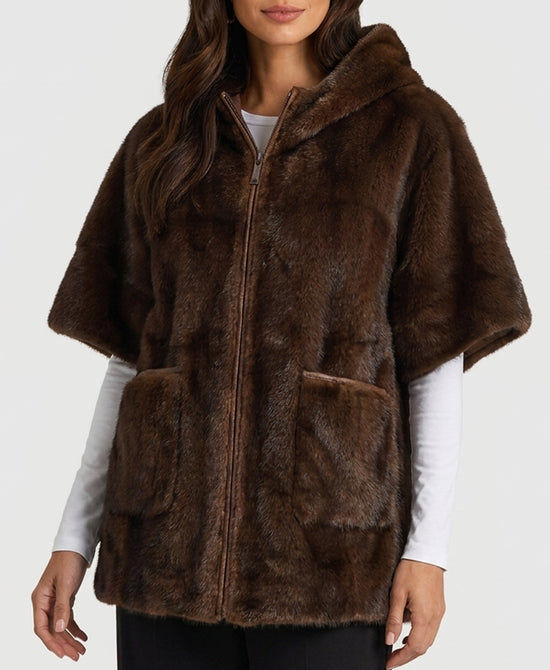 
Reversible Faux Fur Cape w/ Hood in BROWN view 1