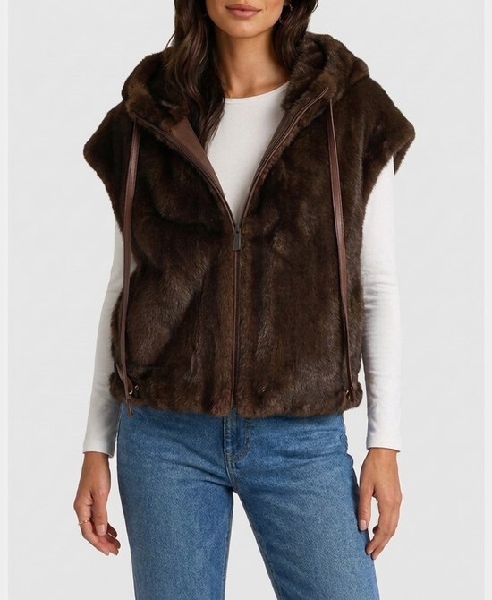 
Faux Fur Vest w/ Side Buckles & Hood in BROWN view 1