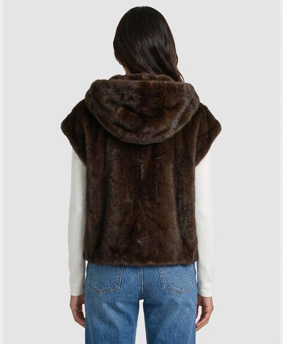 
Faux Fur Vest w/ Side Buckles & Hood in BROWN view 2