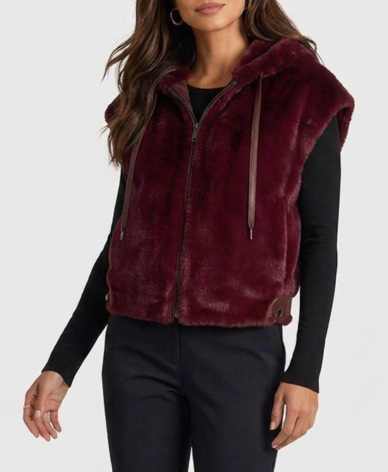 
Faux Fur Vest w/ Side Buckles & Hood in WINE view 1