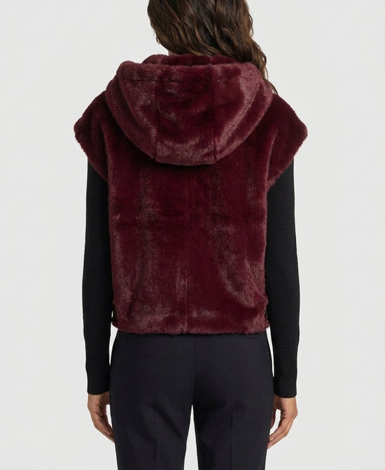 
Faux Fur Vest w/ Side Buckles & Hood in WINE view 2