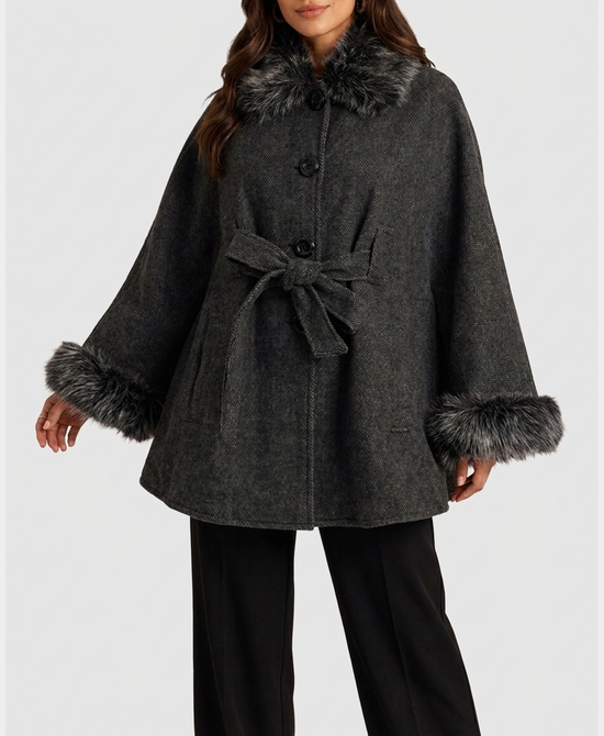 
Cashmere Blend Cape w/ Faux Fur Trim in DARK GREY view 1