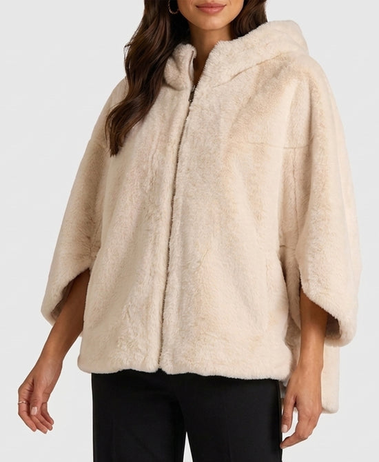 
Reversible Faux Fur Cape w/ Hood in CREAM view 1