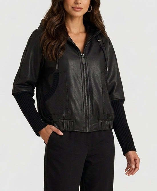 
Reversible Faux Fur Jacket w/ Knit Sleeves in BLACK view 2