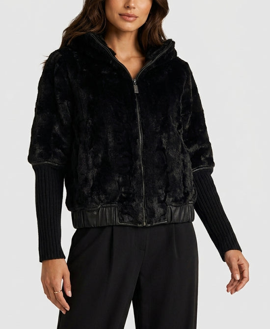 
Reversible Faux Fur Jacket w/ Knit Sleeves in BLACK view 1