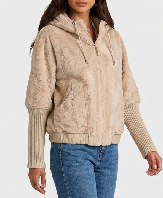 
Reversible Faux Fur Jacket w/ Knit Sleeves in CREAM view 1
