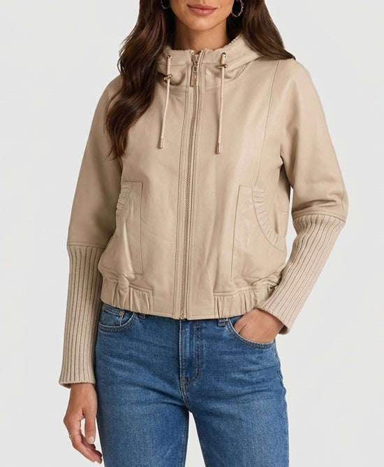
Reversible Faux Fur Jacket w/ Knit Sleeves in CREAM view 2